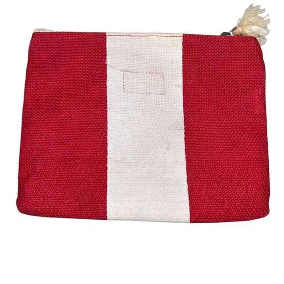 mud pie red white rugby stripe straw zipper pouch make up bag - Picture 3 of 4